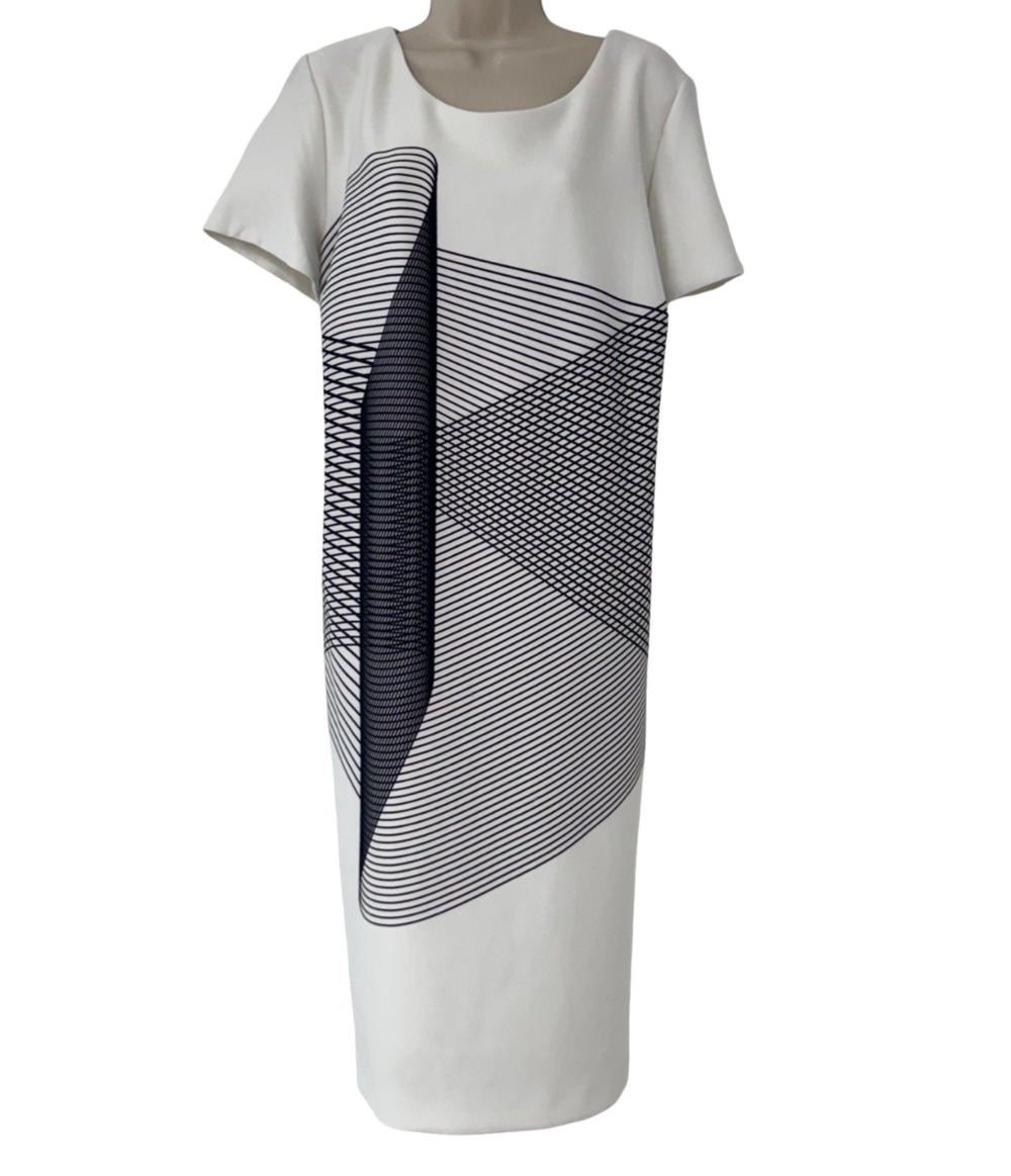 Sandra Darren Womens Stretch Print Sheath Short Sleeve Ivory Black Dress 24 W
